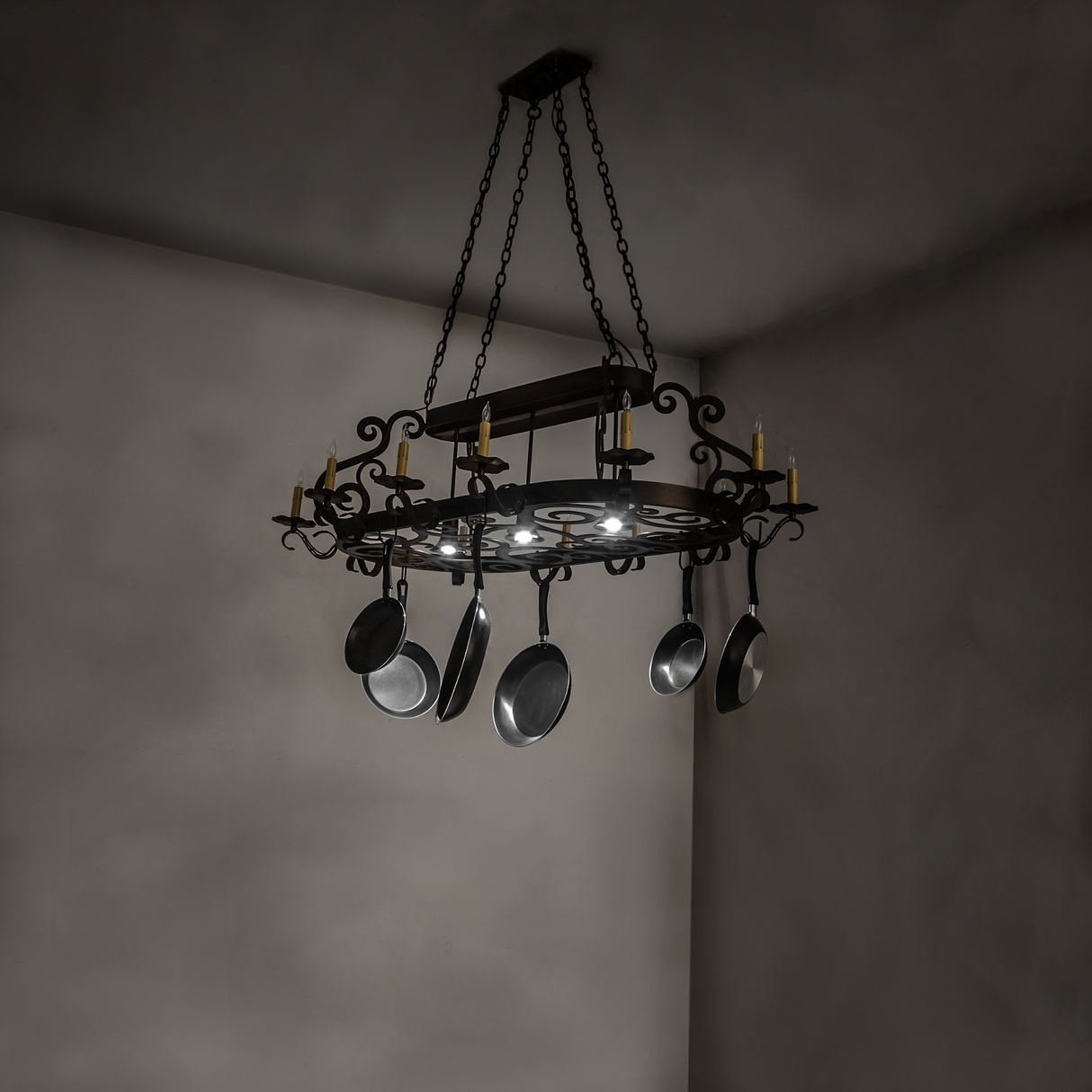 Neo 15 light chandelier in room with lights dimmed.