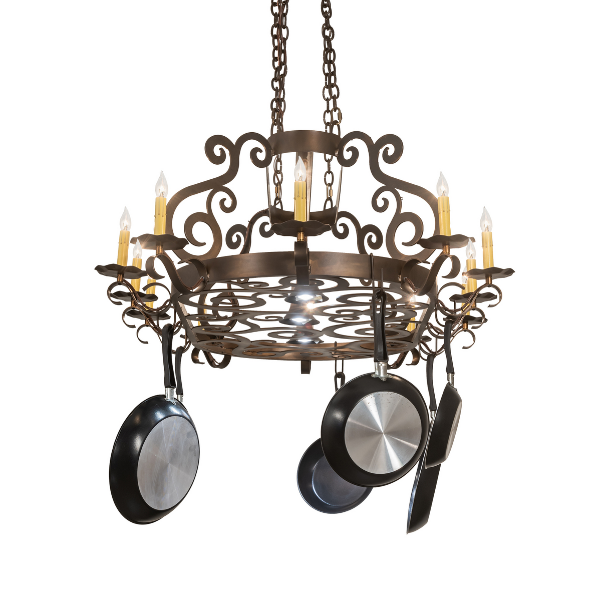 Angled side view of Neo 15 Light Pot Rack chandelier lit.