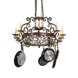 Angled side view of Neo 15 Light Pot Rack chandelier lit.