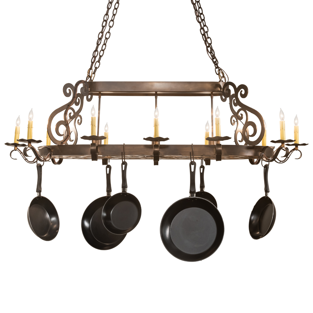 Straight front view of Neo 15 light pot rack chandelier lit.