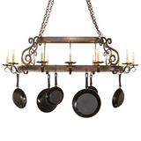 Straight front view of Neo 15 light pot rack chandelier lit.