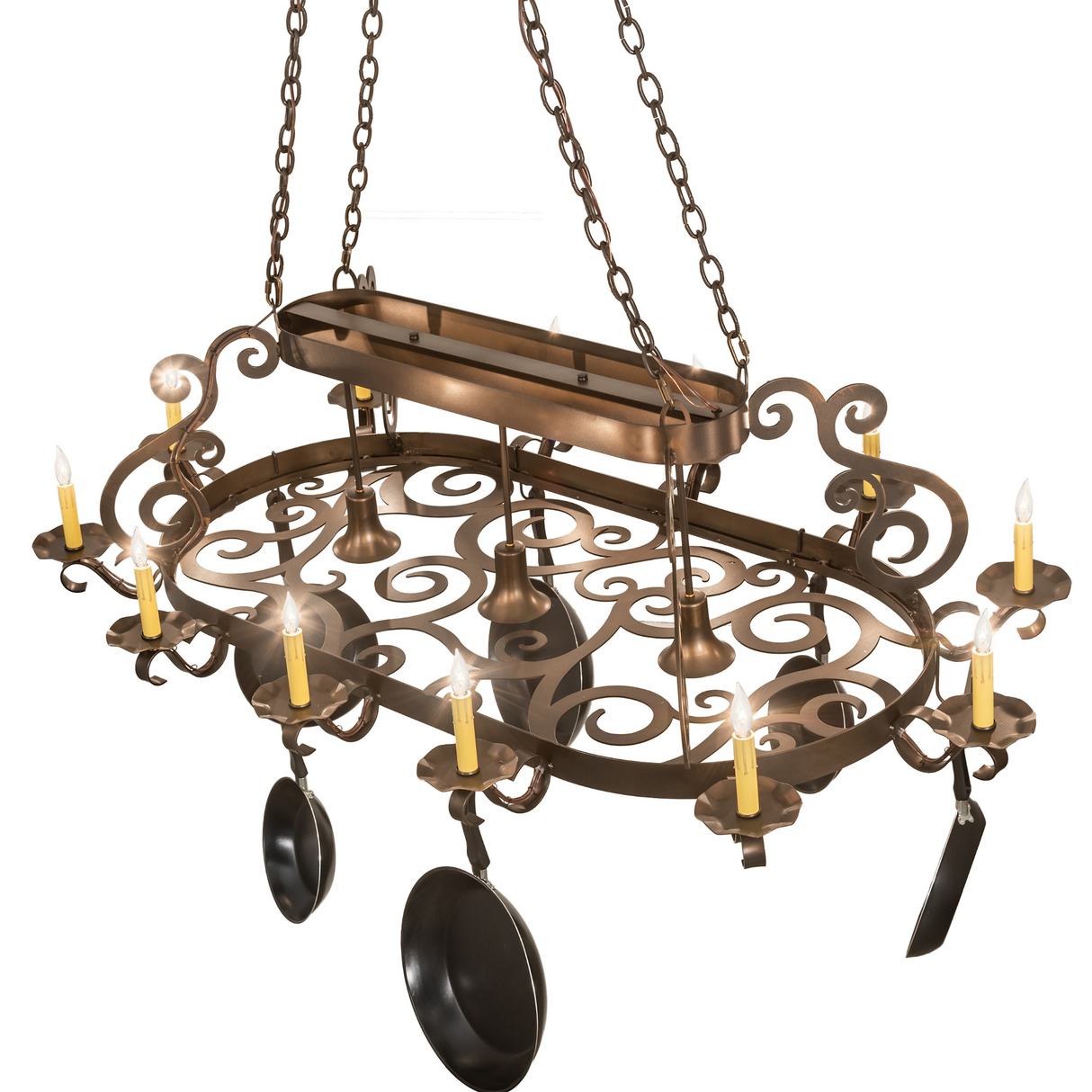 Overhead view of Neo 15 Light Pot Rack with scroll design.