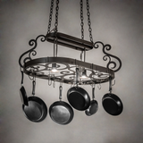 Neo 2-light pot rack chandelier lit with warm downlights.
