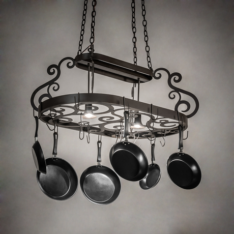 Neo 2-light pot rack chandelier lit with warm downlights.