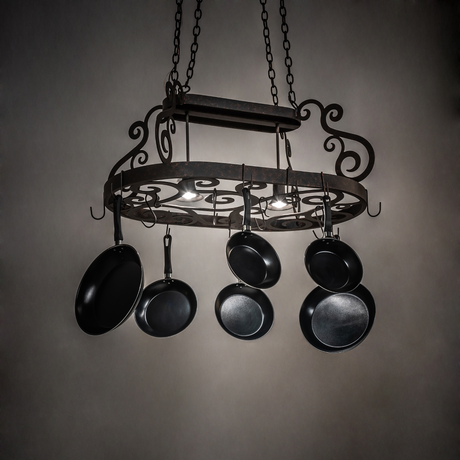 Neo 2 Light Pot Rack chandelier illuminated in room setting.
