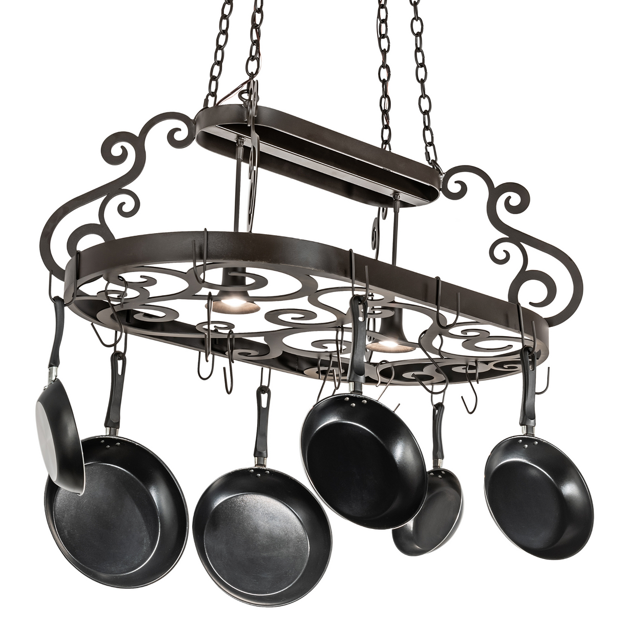 Neo 2-light pot rack chandelier angled view with hanging pans.