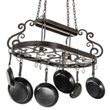 Neo 2-light pot rack chandelier angled view with hanging pans.
