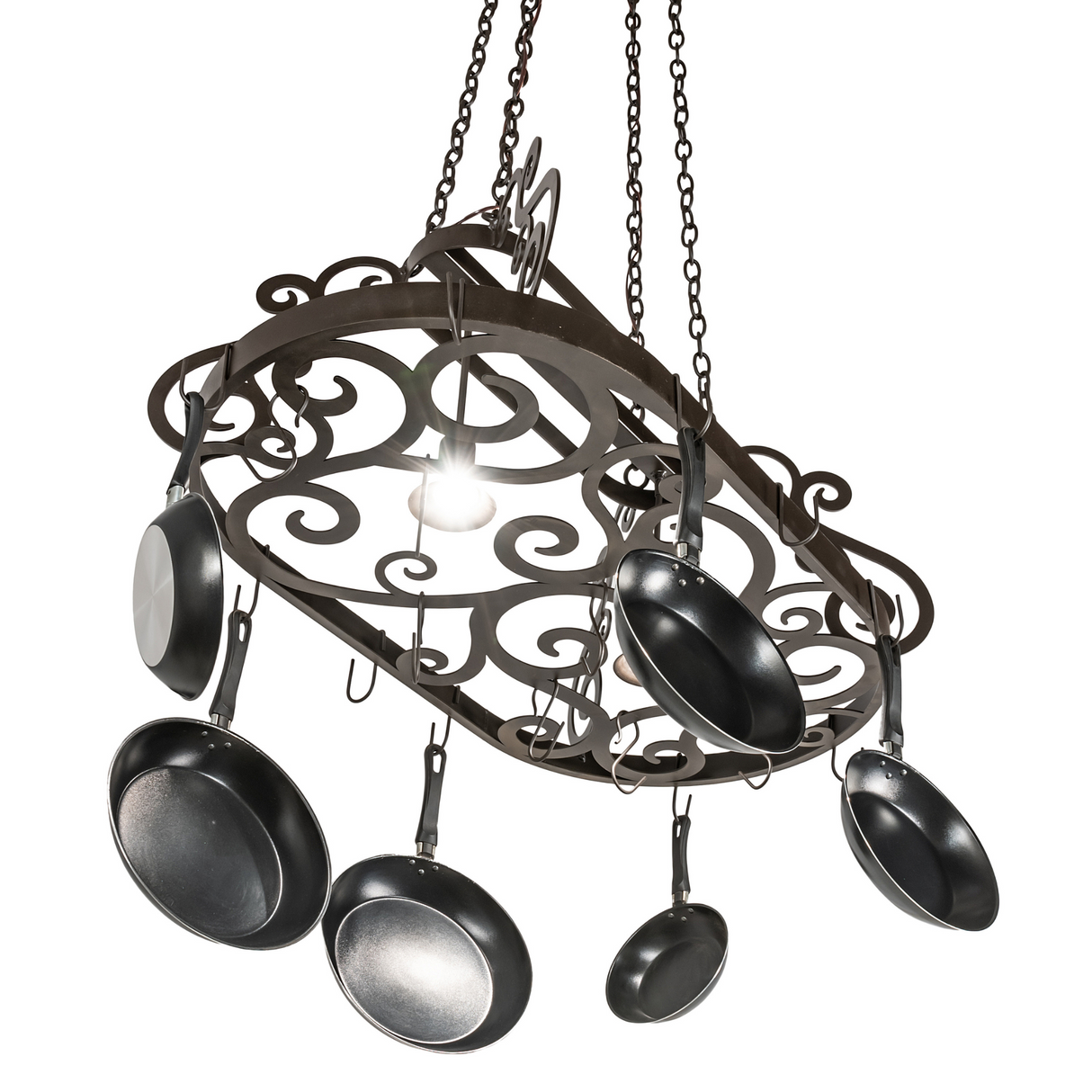 Bottom view of Neo 2-light pot rack with two downlights.