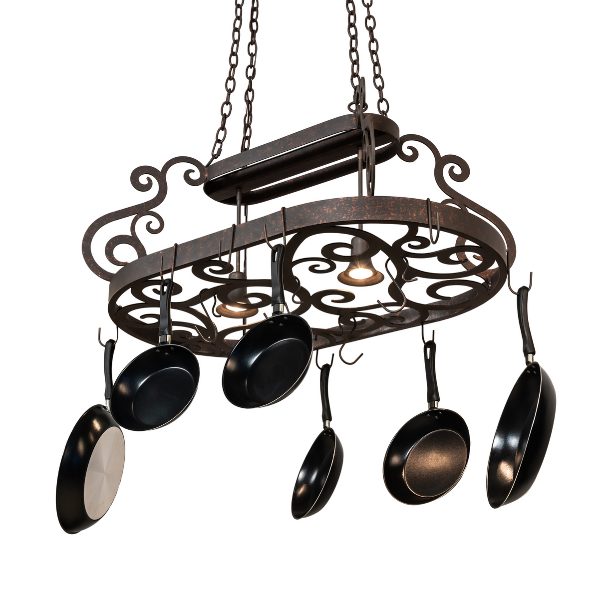Bottom lit view of Neo 2 Light Pot Rack with pans attached.