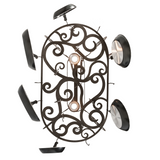 Bottom view of Neo 2-light pot rack with decorative scrollwork and downlights.