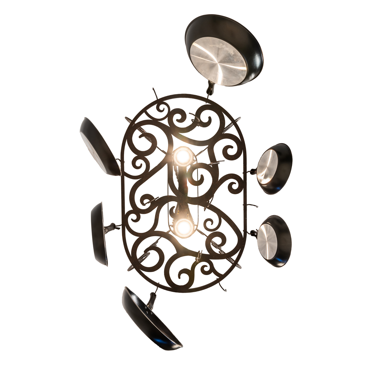 Direct bottom view of Neo 2 Light Pot Rack showing scroll design and lights.