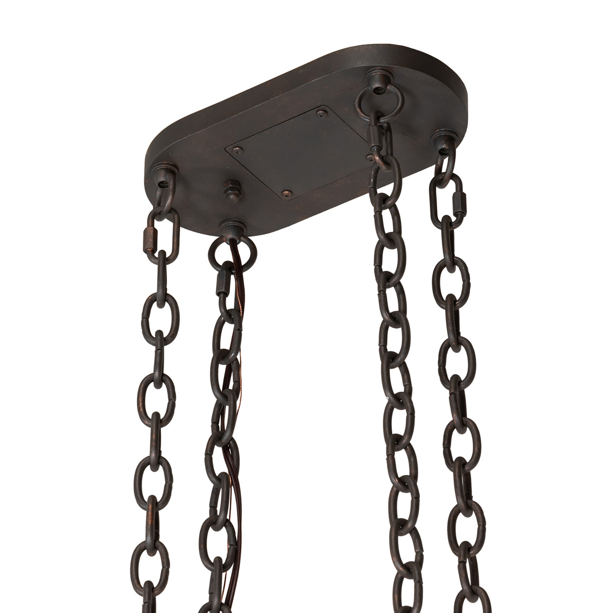 Close-up of ceiling mount and chains on Neo 2 Light Pot Rack.