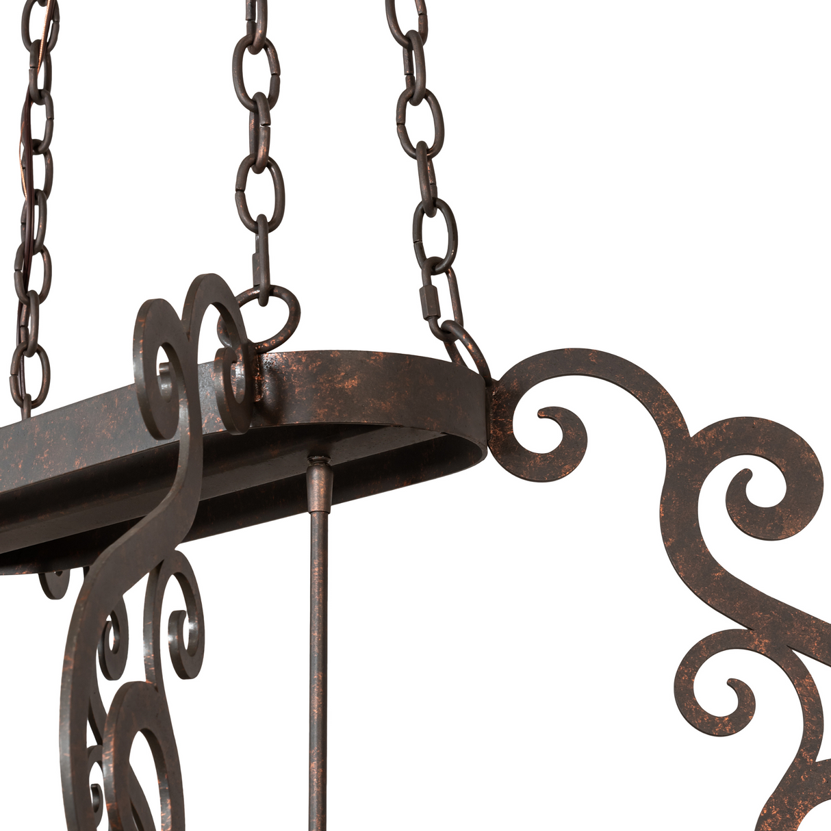 Close-up of scrollwork and chains on Neo 2 Light Pot Rack.