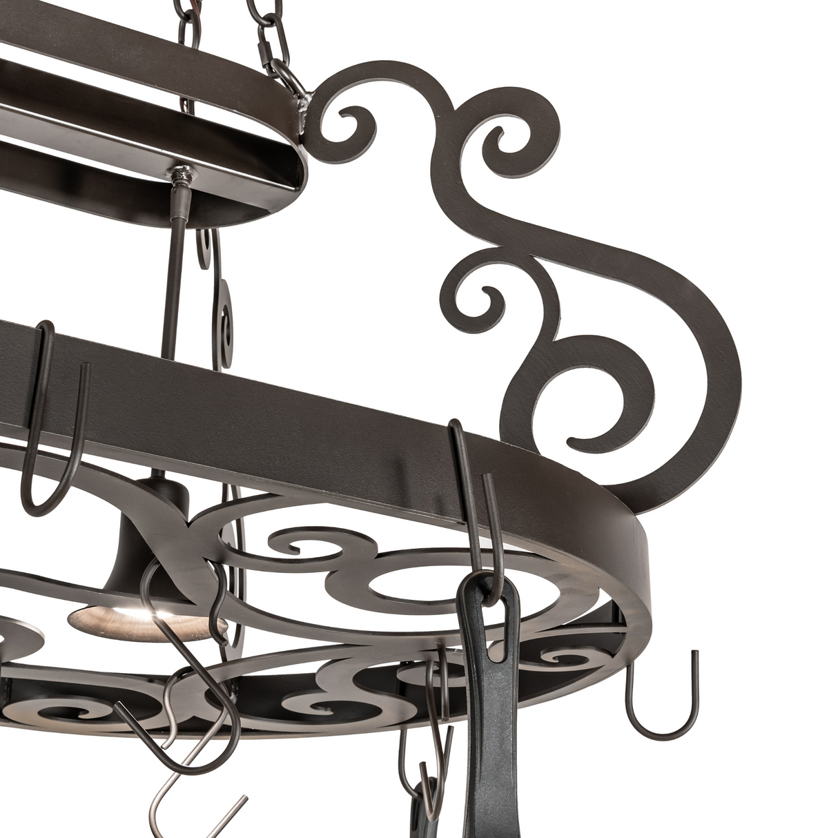 Close-up of scrollwork and hooks on Neo 2-light pot rack.