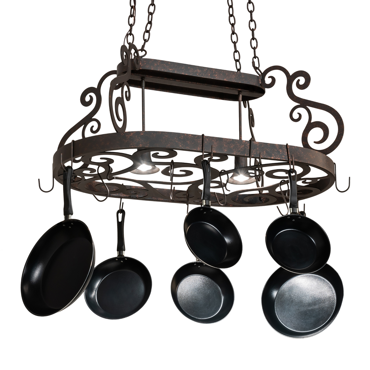 Bottom lit view of Neo 2 Light Pot Rack with pans attached.