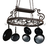 Bottom lit view of Neo 2 Light Pot Rack with pans attached.