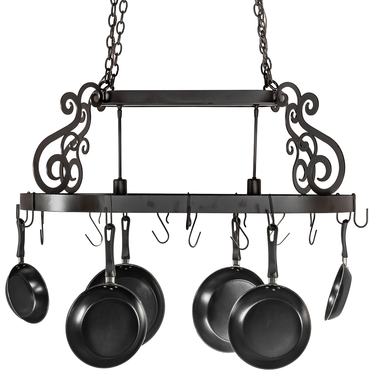 Neo 2 Light Pot Rack chandelier in oil rubbed bronze, front view.