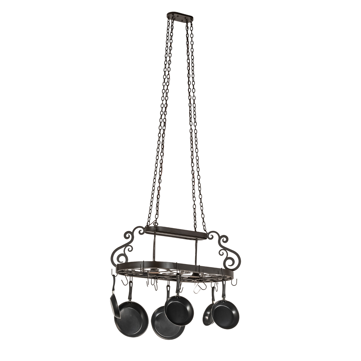 Full hanging view of Neo 2-light pot rack chandelier.