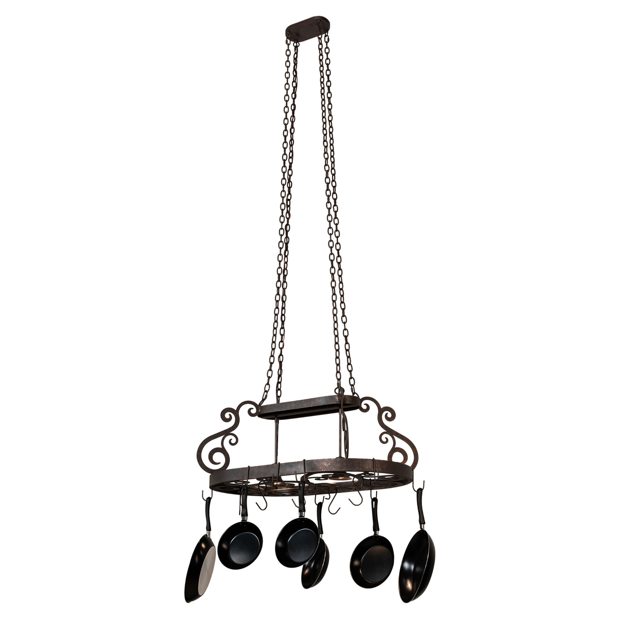 Full hanging view of Neo 2 Light Pot Rack with pans.