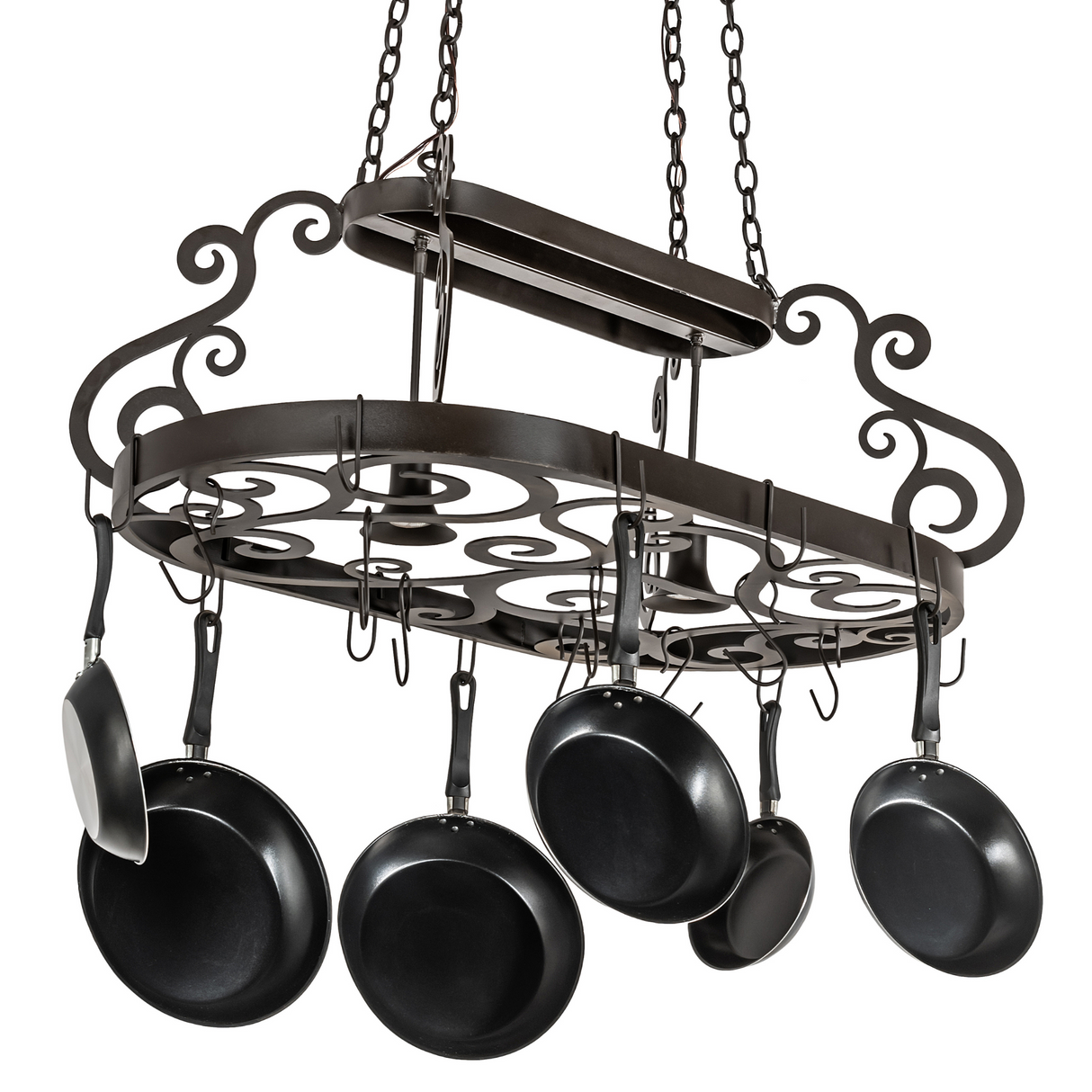 Side angle of Neo 2-light pot rack with scroll design.