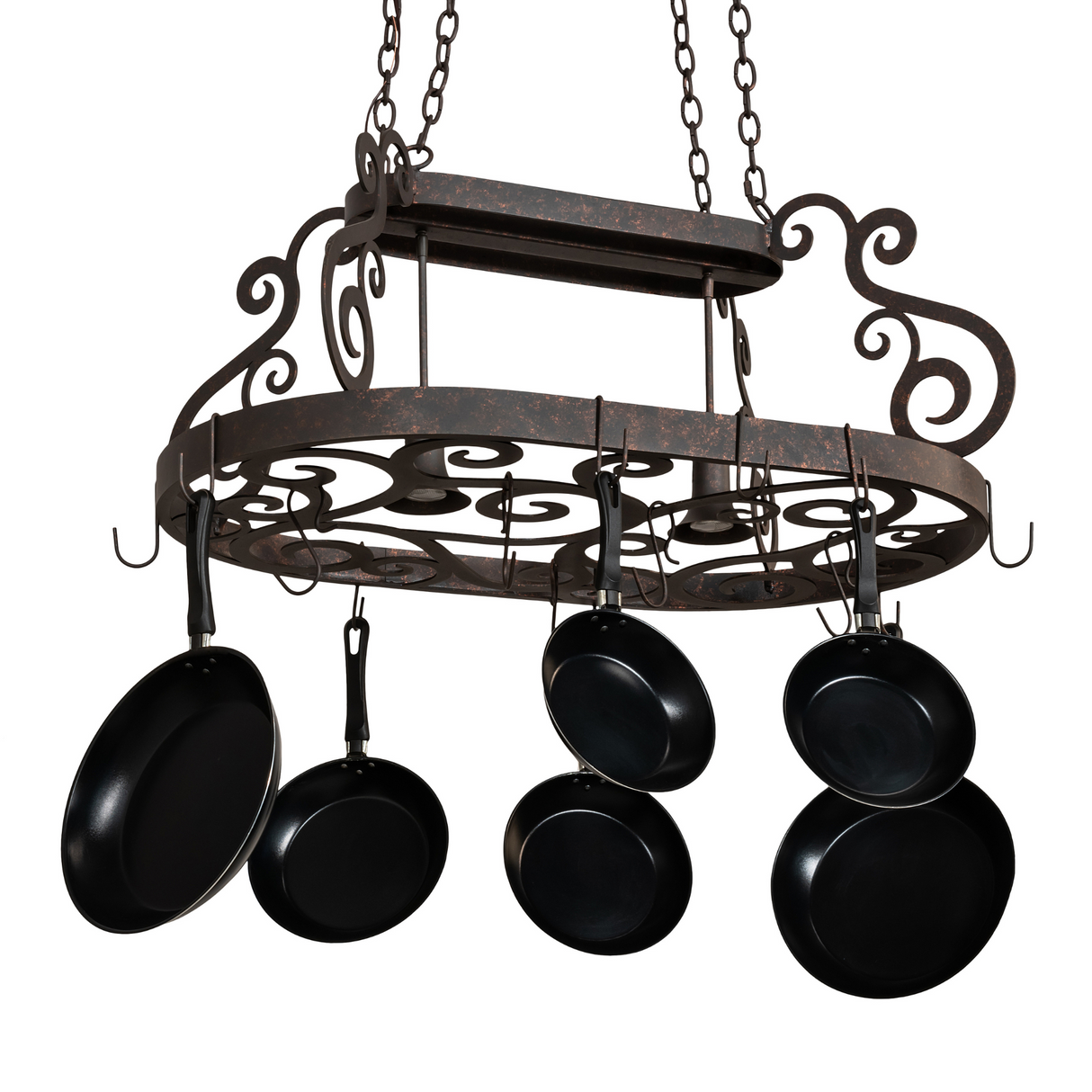 Side angled view of Neo 2 Light Pot Rack with hanging cookware.