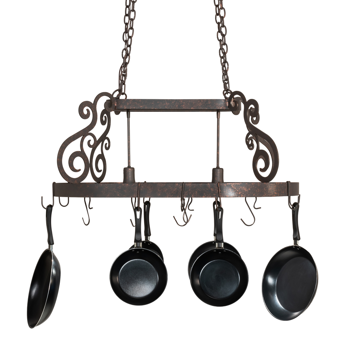 Straight front view of Neo 2 Light Pot Rack with pans.