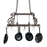 Straight front view of Neo 2 Light Pot Rack with pans.