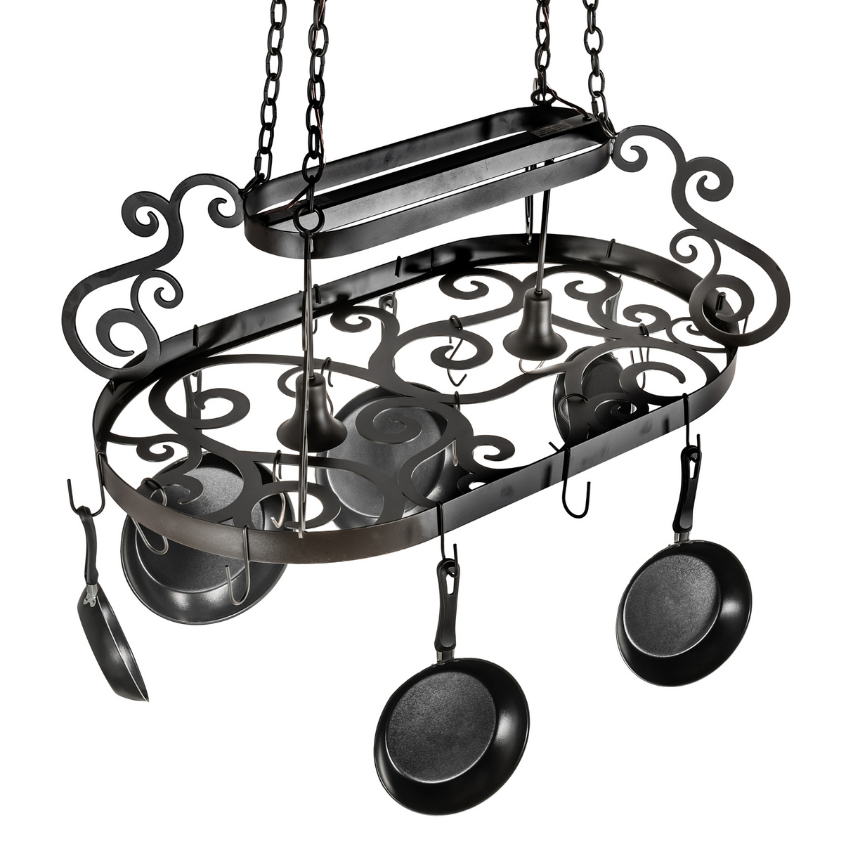 Overhead angled view of 42" Neo 2 Light Pot Rack with scroll design.
