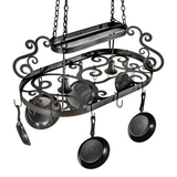 Overhead angled view of 42" Neo 2 Light Pot Rack with scroll design.