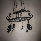 Neo 3 Light Pot Rack chandelier illuminated in kitchen setting.