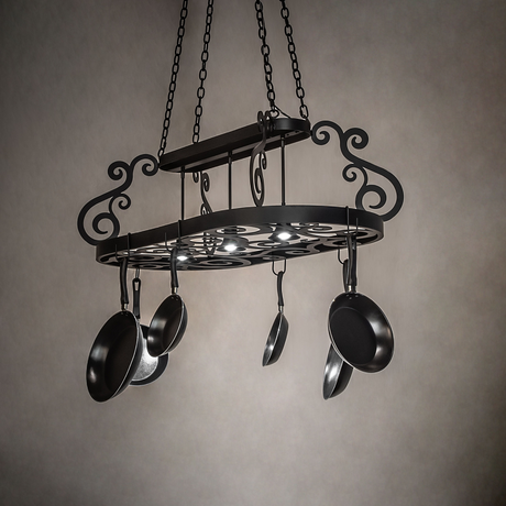 Neo 3 Light Pot Rack chandelier illuminated in kitchen setting.