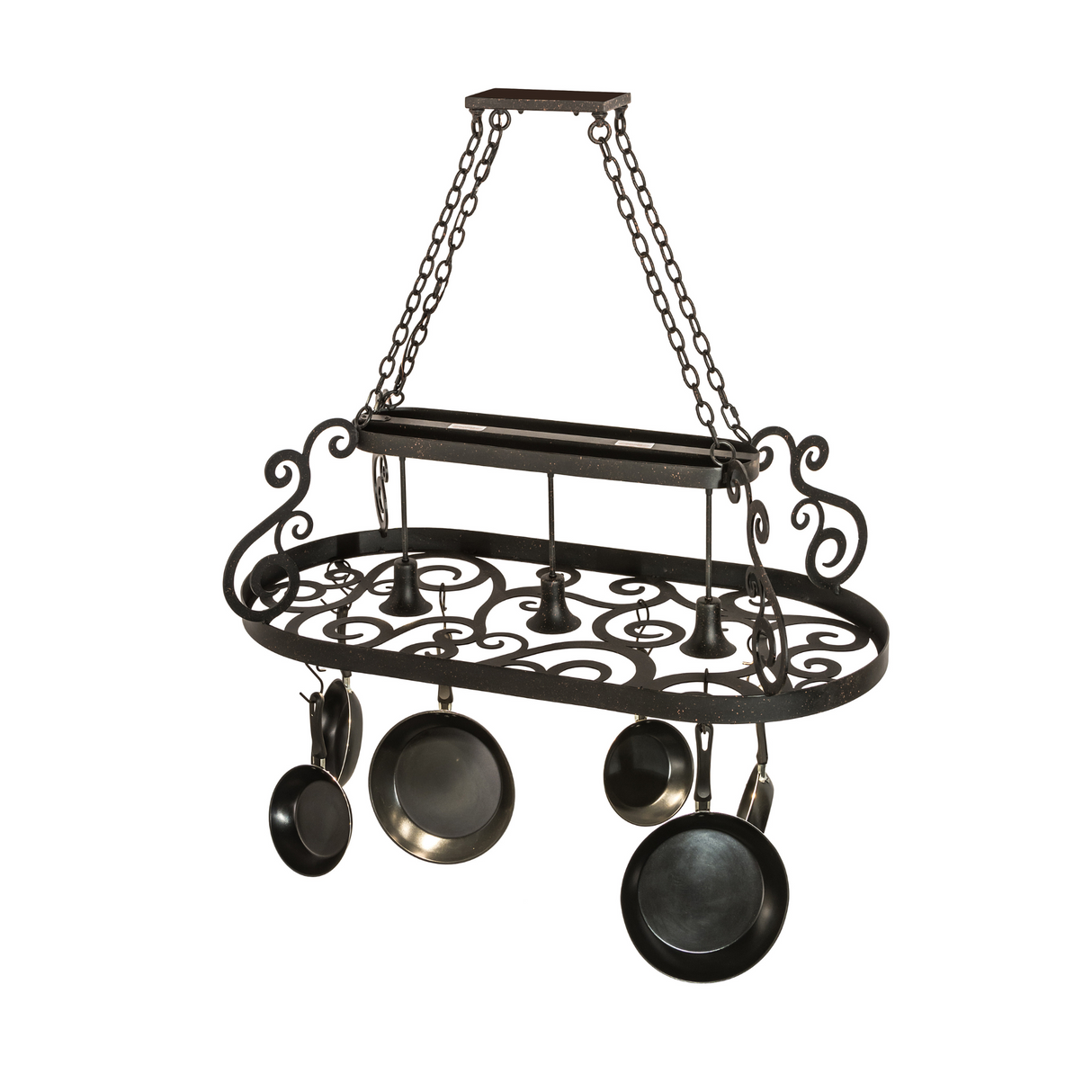 Angled view highlighting scrollwork and pan hooks on pot rack.
