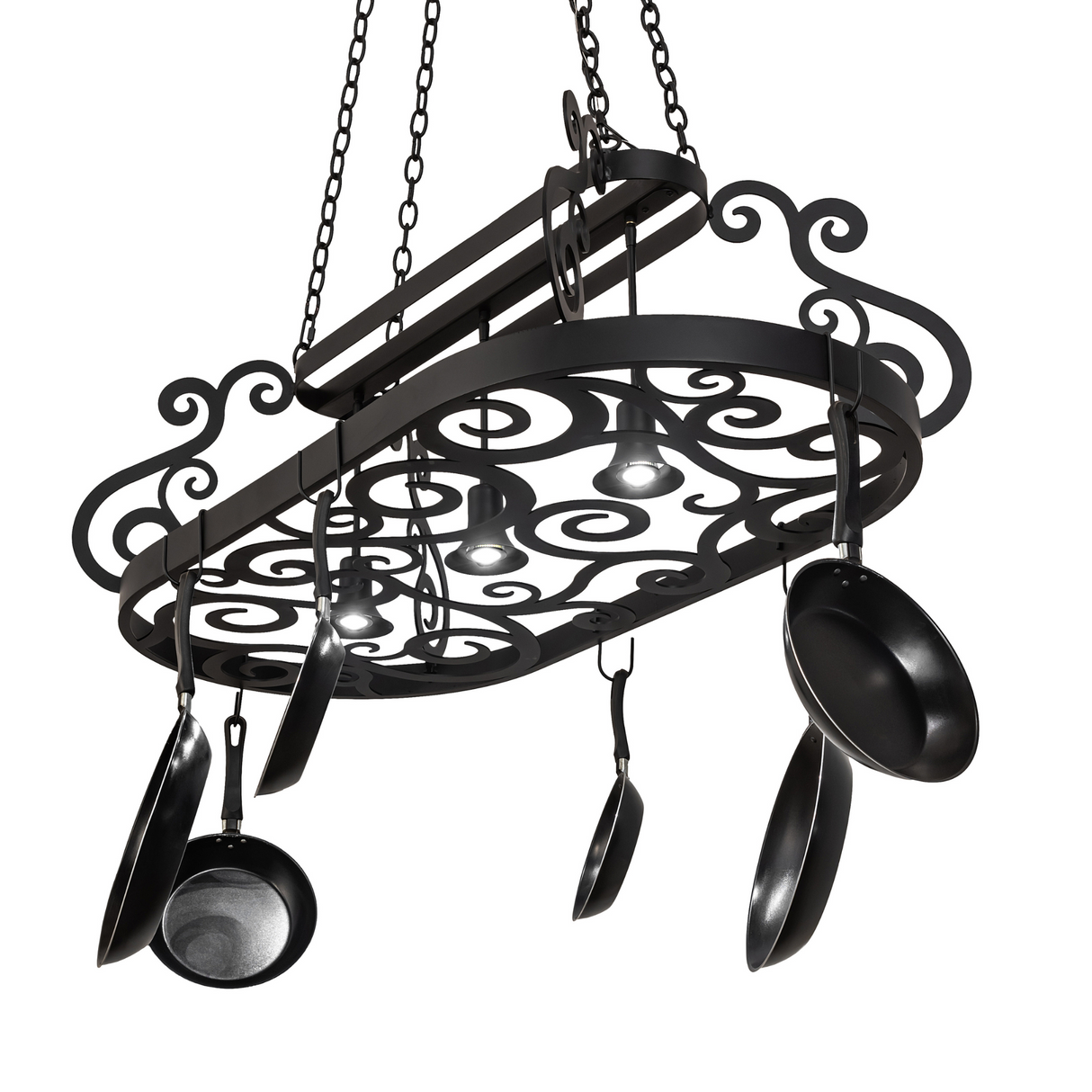Bottom angle of Neo 3 Light Pot Rack with downlights lit.