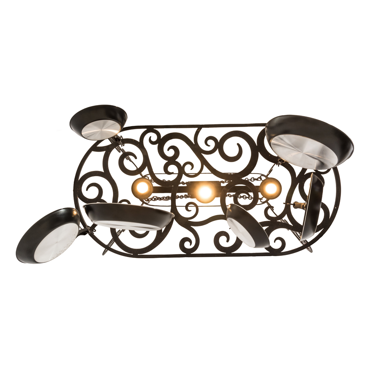 Bottom view of Neo 3-Light Pot Rack showing scroll design and lights.