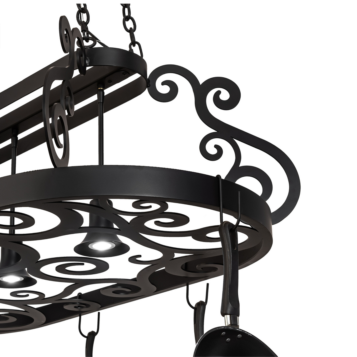 Closeup of downlights and scroll frame on Neo 3 Light Pot Rack.