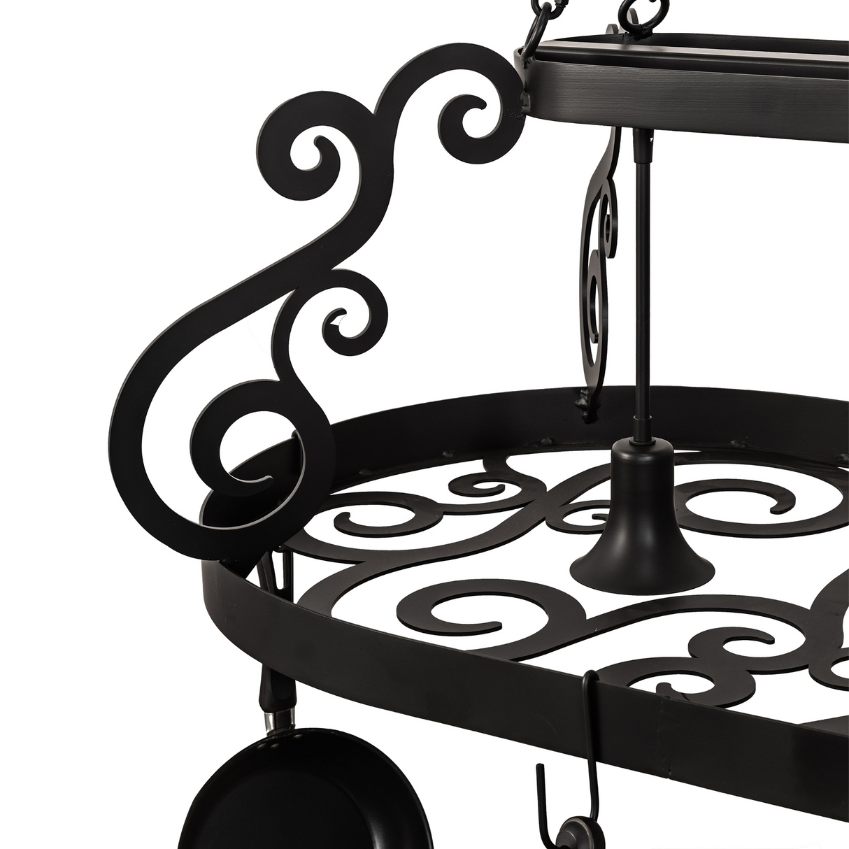 Closeup of hand-forged scroll accents on Neo 3 Light Pot Rack.