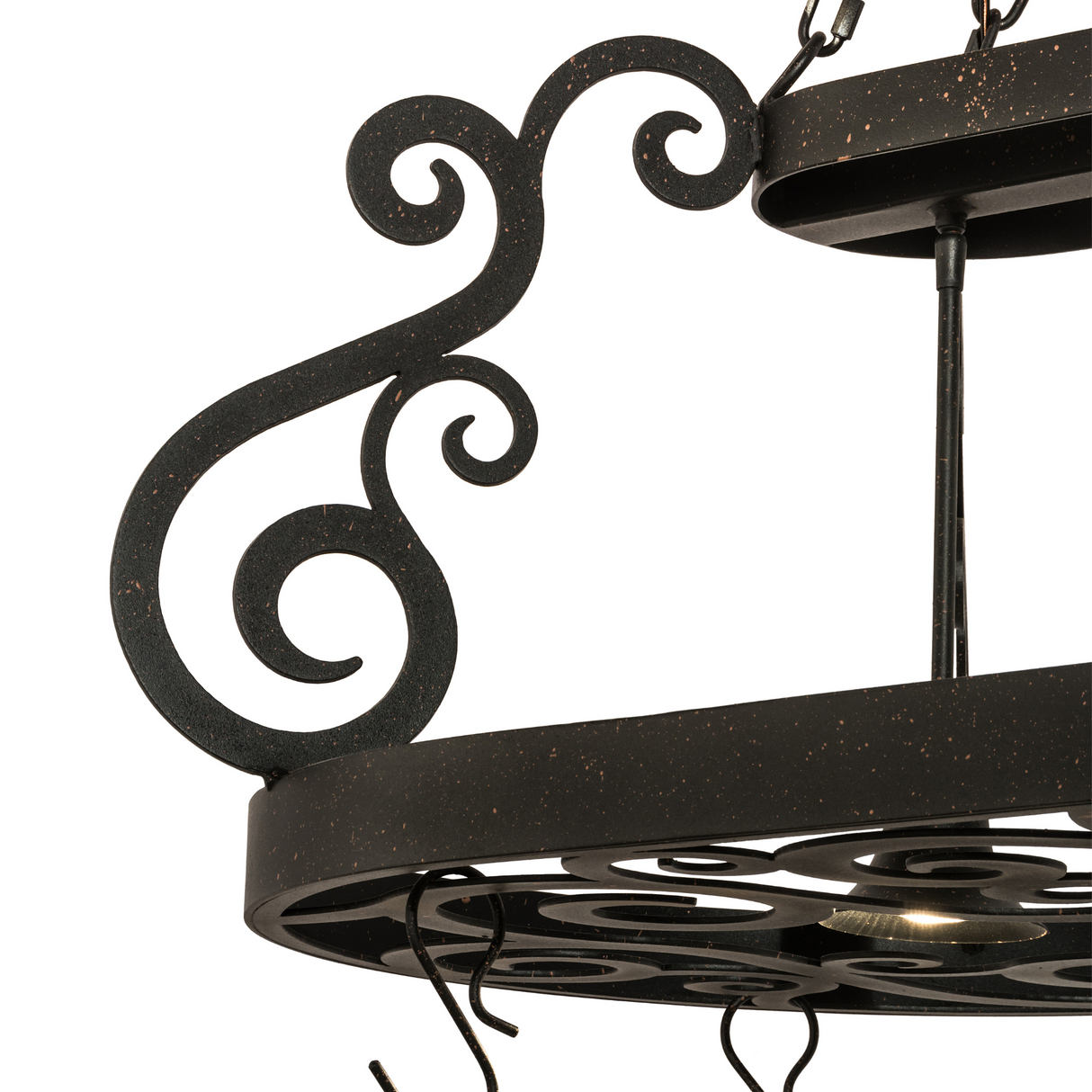 Close-up of scroll detailing on Euro Café finished pot rack.