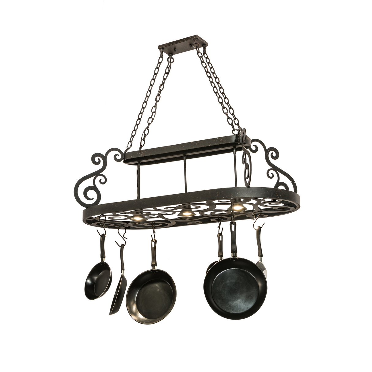 48" Neo 3-Light Pot Rack with hooks and downlights front view.
