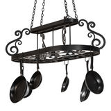 Front view of 48" Neo 3 Light Pot Rack with cookware.