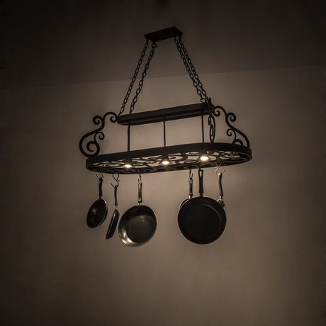 Neo 3-Light Pot Rack illuminated with warm kitchen ambiance.