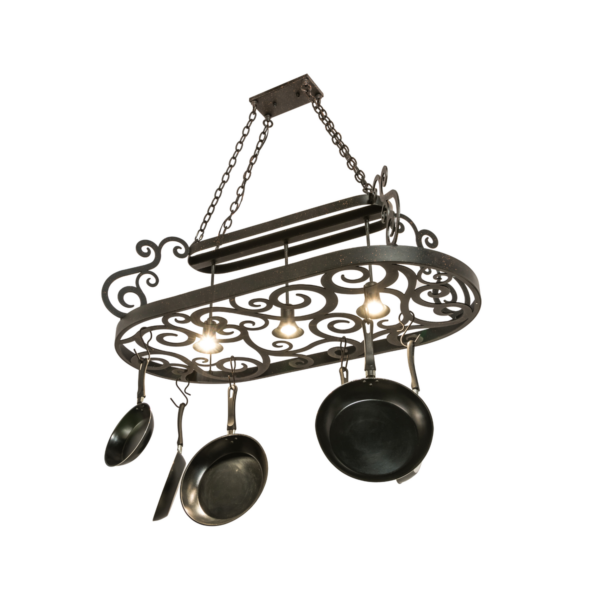 Lit angled view showing three downlights illuminating cookware.