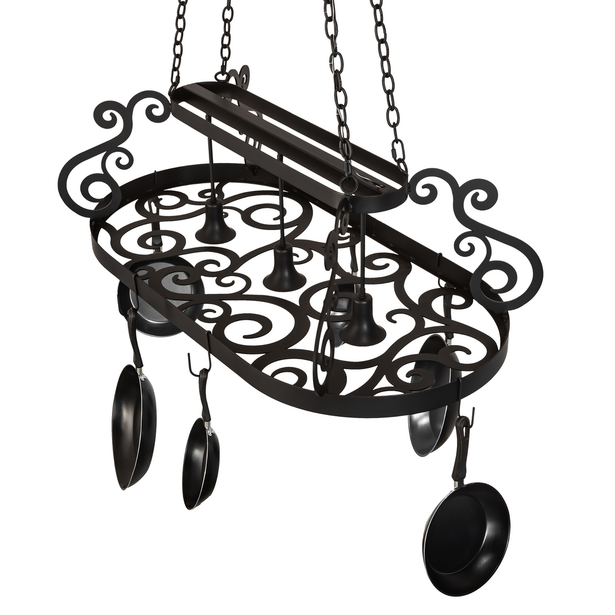 Overhead view of Neo 3 Light Pot Rack with hanging pans.