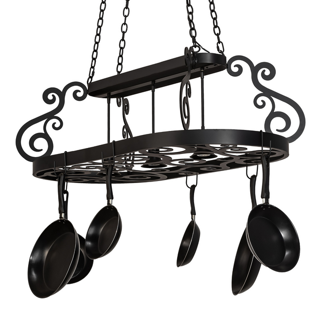Side angle of Neo 3 Light Pot Rack showing scroll details.