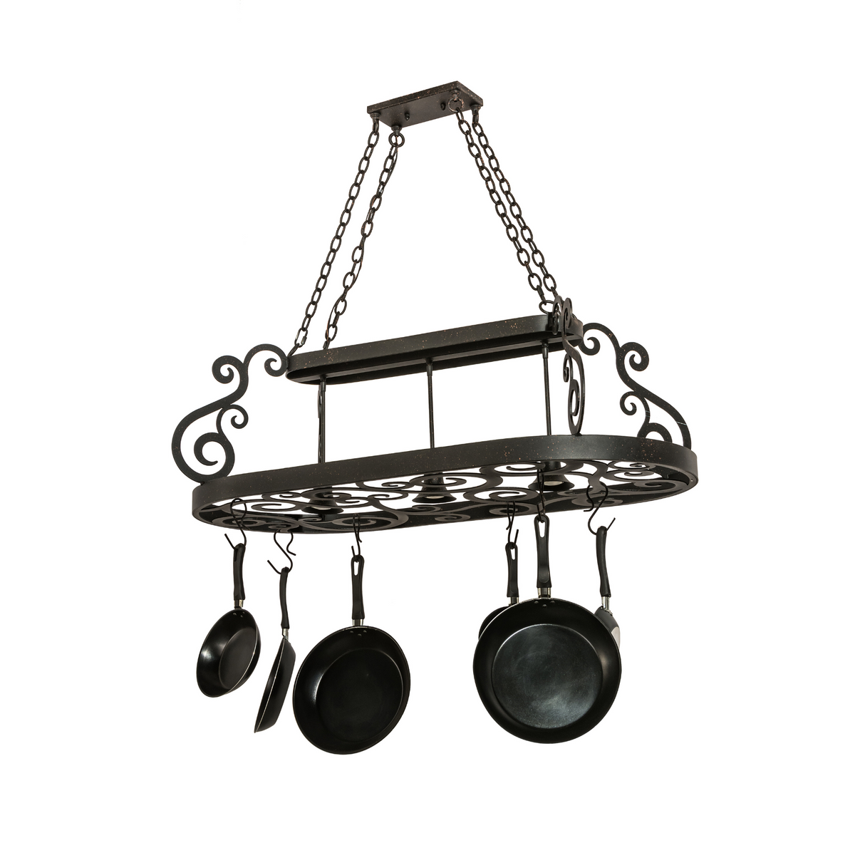 Side view of Neo 3-Light Pot Rack showing Euro Café finish.