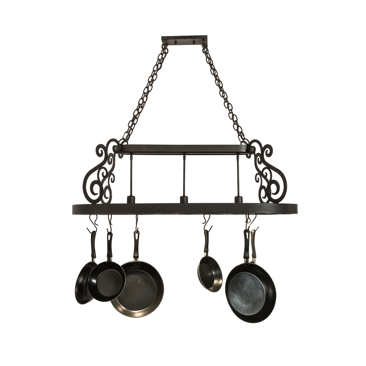 Straight front view of Neo 3-Light Pot Rack with cookware.