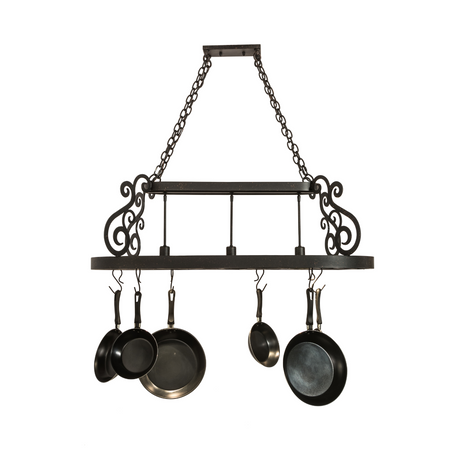 Straight front view of Neo 3-Light Pot Rack with cookware.