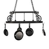 Straight-on view of Neo 3 Light Pot Rack with cookware hooks.