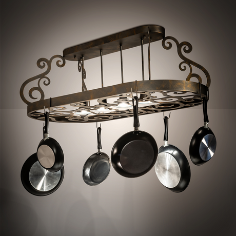 Side profile of Neo 4 Light Pot Rack highlighting bronze scroll accents.
