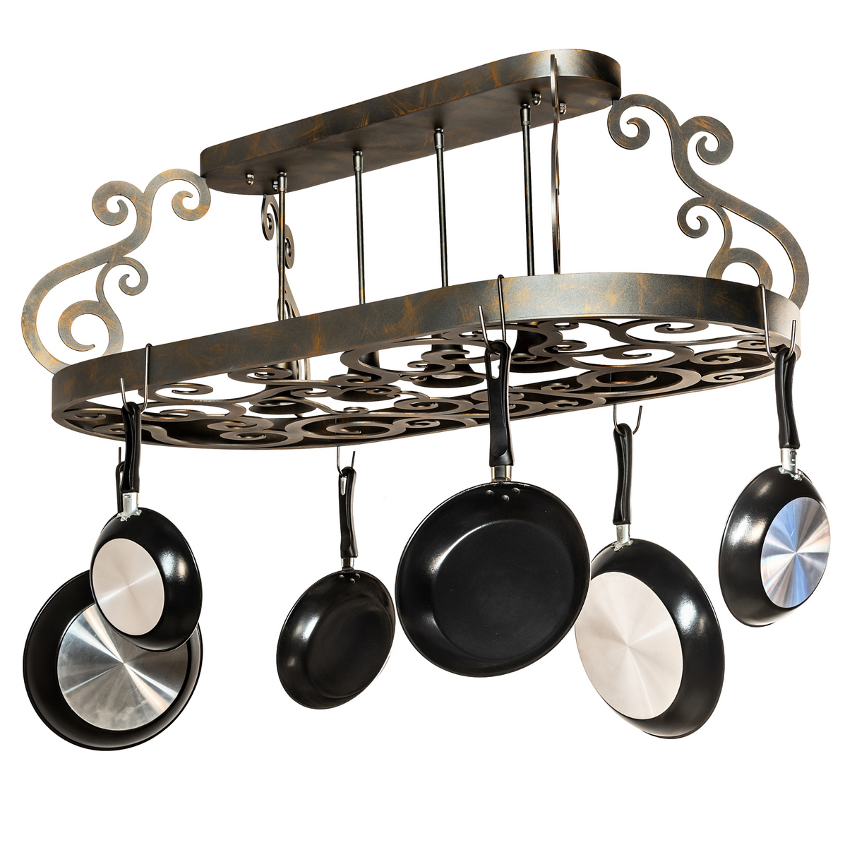 Angled perspective of Neo 4 Light Pot Rack with cookware displayed.