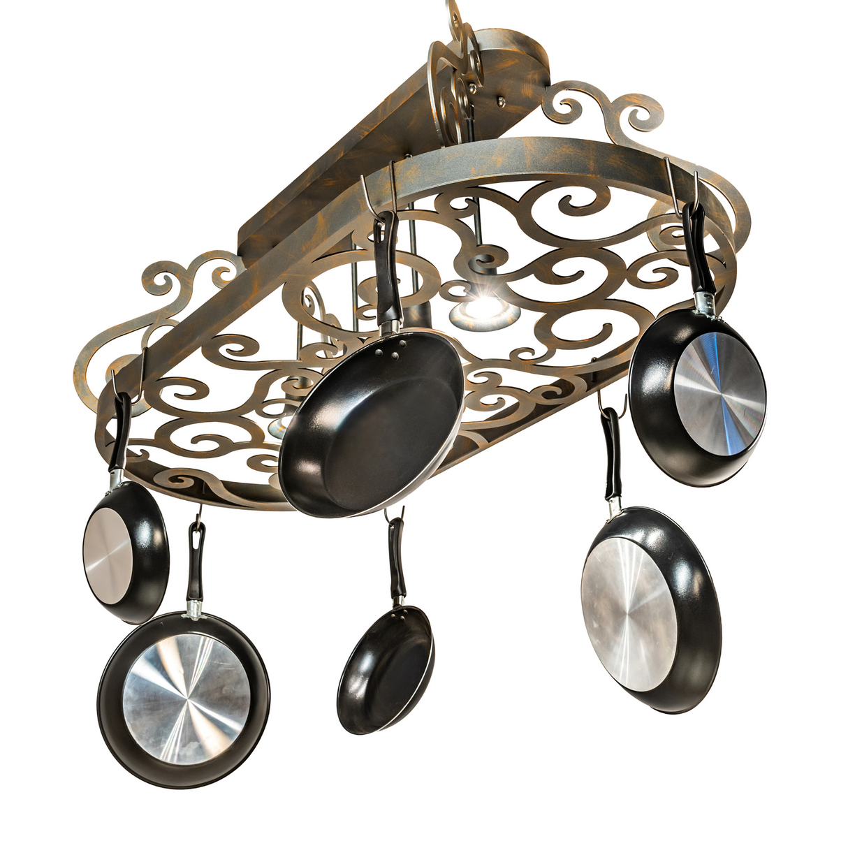 Bottom angle view of Neo 4 Light Pot Rack with four downlights visible.
